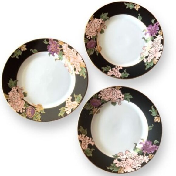 Fitz & Floyd Cloisonne Peony Black 7.5" Salad Plates Lot of 3 - Picture 1 of 3